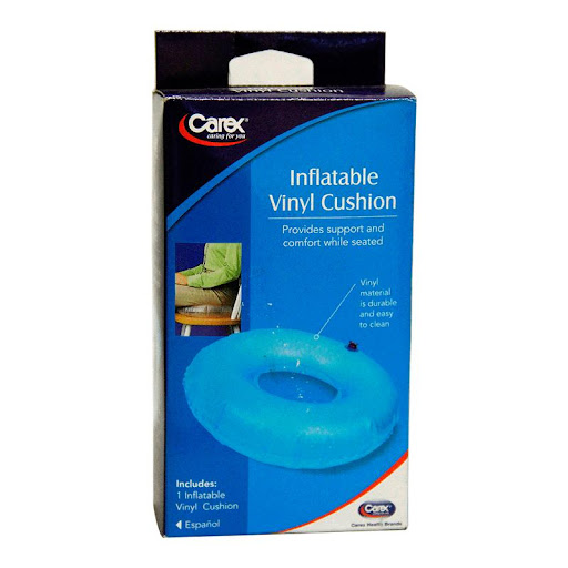 CAREX RIN DE COXIS INFLABLE AZUL GLX SAS  x 1 Cojín inflable de vinilo azul, diseñado para aliviar la presión en la zona del coxis y mejorar la comodidad al estar sentado por largos periodos de tiempo. Su material resistente y duradero permite un