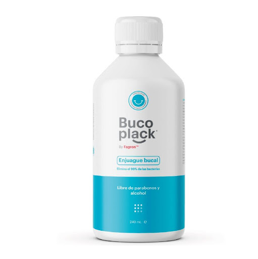 ENJUAGUE BUCAL FAGRON BUCOPLACK FRASCO 240 ML BUCOPLACK FRASCO x 240 ML Enjuague bucal eficaz, elaborado con Dentactive™, la cual es un complejo multiactivo compuesto por ingredientes de origen natural como: salvia, tomillo, Aloe y caléndula, que actúan sinérgicamente red