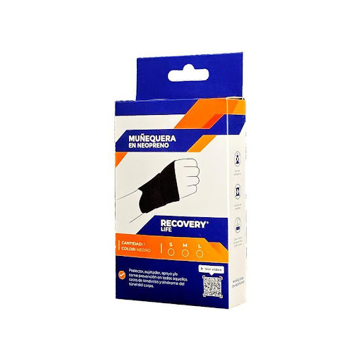 Muñequera Recovery Life Neopreno L RECOVERY LIFE Individual x 1 La muñequera neopreno es una órtesis que proporciona compresión y apoyo a la muñeca debilita o lesionada. Fabricado en airpreno con cierre de contacto que asegura un ajuste cómodo y mayor estabilidad 