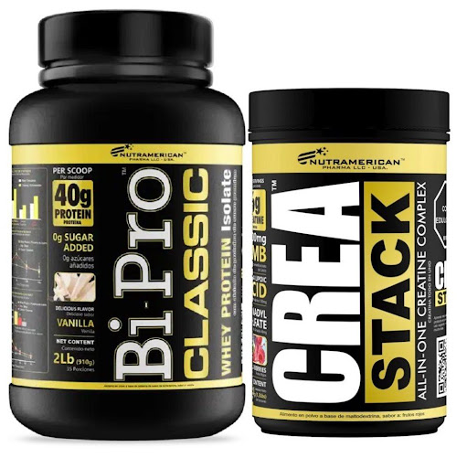 Combo Proteina Bipro Classic Vainilla 2 lb + Creatina Crea Stack 1.3 LB NUTRAMERICANPHARMA Tarro x 2 Lb (910g) y 1.3 Lb (600g) Combo para para máxima fuerza y ​​volumen muscular, se compone de 1 Bipro Classic 2 lb, es una proteína de suero de alta pureza y concentración, con mínimos niveles de grasa y lactosa. 1 Crea Stack, e