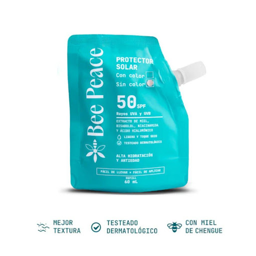 Protector solar-SPF 40ml Refill sin color BEEPEACE  ENVASE x 60 Nuestro Refill Protector Solar Facial sin color ofrece una protección UVA/UVB de amplio espectro con SPF 50. Su fórmula ligera y de rápida absorción proporciona una protección eficaz contra los efecto
