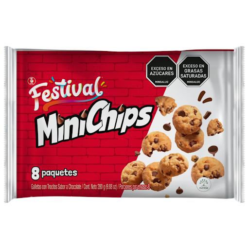 Galletas Festival Minichips x 8 unidades Festival Bolsa x 8 Las galletas Festival Minichips son deliciosas mini galletas con chispas sabor a chocolate, simplemente deliciosas. Porque una nunca es suficiente.