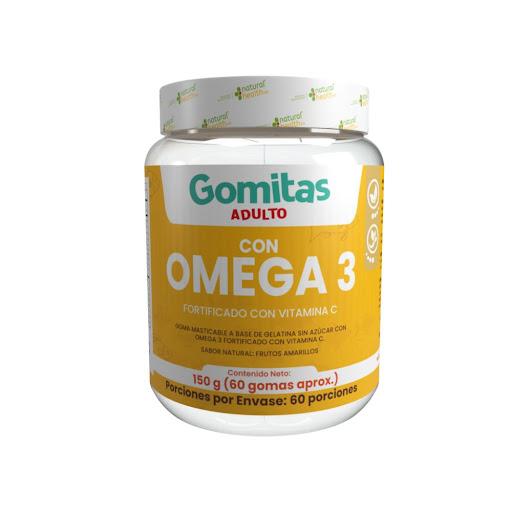 Gomitas para Adulto con Omega 3 Natural Health GOMAS x 60Und. Este suplemento sirve para aportar Omega 3 y Vitamina C de manera sencilla a la dieta diaria de los adultos. Está diseñado para apoyar el bienestar general, ayudando a mantener funciones corporales óp