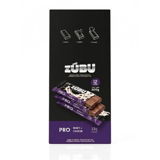 BARRA DE FRUTAS Y FRUTOS SECOS CON PROTEINAS LACTEAS Y CHOCOLATE AL 70% ZUBU CAJA x 12 