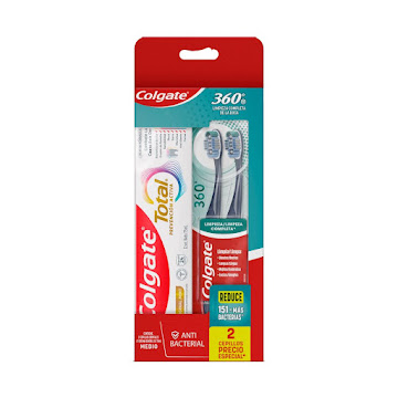 Cepillo de Dientes Colgate Medio 360° x 2 + Crema Dental Total 12 Blíster x 3 und  