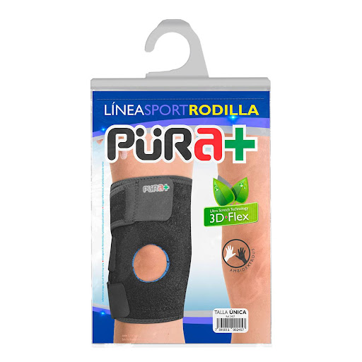 2457 RODILLERA DEPORTIVA HUECO PURA PURA  x 1 Diseñada para estabilizar la rótula, brindar compresión y soporte durante la actividad física o en procesos de recuperación. Su orificio central ayuda a mantener la rótula centrada, reduciendo el ries