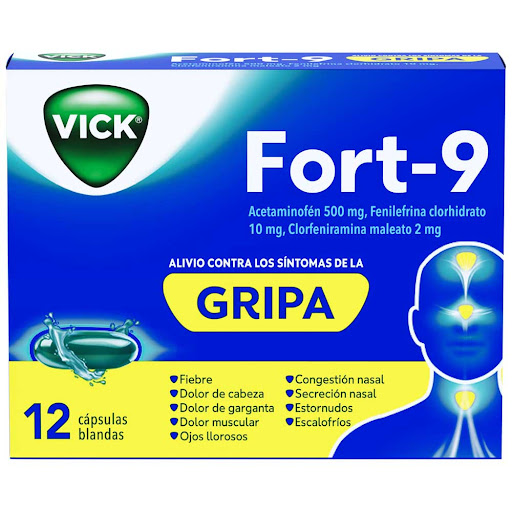 Vick fort 9 Acetaminofén  + Fenilefrina Clorhidrato + Clorfeniramina 500mg/10mg/2 Caja x12 Cápsulas