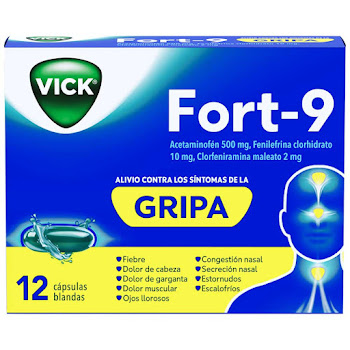 Vick fort 9 Acetaminofén  + Fenilefrina Clorhidrato + Clorfeniramina 500mg/10mg/2 Caja x12 Cápsulas  