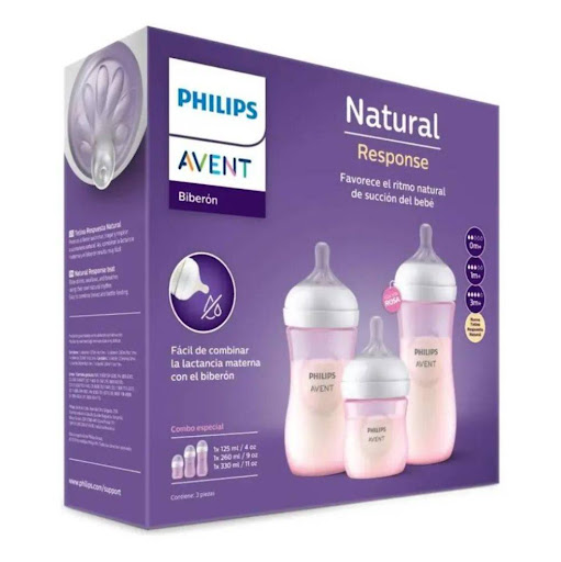 Set Natural Response: 3 Teteros  11Oz - 9Oz - 4Oz + 3 Tetinas Lenta-Mediana-Rápida Philips Avent Caja x 6