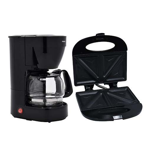 Combo: Sanduchera 2 Puestos + Cafetera Eléctrica 6 Tazas Tezzio Caja x 2 