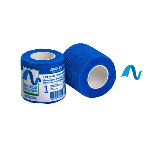 Venda Elástica Cohesiva de 2” x 4.5 Mts Azul Pte x 2  Medical Supplies  Pte x 2 x 2 Venda elástica cohesiva de 2” x 4.5 m color azul, autoadherente y flexible. Brinda soporte y compresión sin necesidad de ganchos, no se adhiere a la piel y es ideal para uso médico, deportivo y veteri