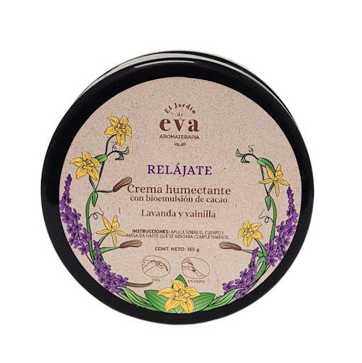 Crema humectante Relájate con bioemulsión de cacao aceites esenciales de lavanda y vainilla x 165 ml El Jardín de Eva Crema, bioemulsion, cacao, relájate, lavanda, vainilla, aceites esenciales, cuerpo, aromaterapia x 1  Combina la suavidad de la lavanda y la manzanilla con la nutrición de la bioemulsión de cacao, creando una experiencia corporal pensada para acompañar el cierre del día. Hidrata y cuida la piel mientr