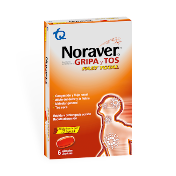 Noraver Gripa y Tos Fast Total Ibuprofeno + Dextrometorfano 400mg/15mg TQ Caja x 6 Cápsulas  