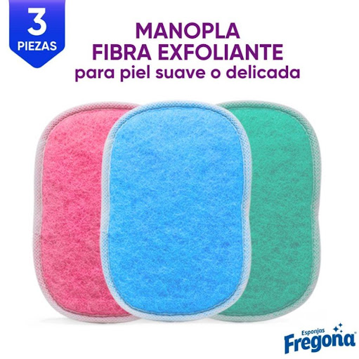 MANOPLA EXFOLIANTE SUAVE X3 Esponjas Fregona KIT x 1 Esponja con fibra exfoliante suave, ayuda a eliminar excesos de piel muerta, zonas de piel delicada. Manopla con caucho para mejor agarre