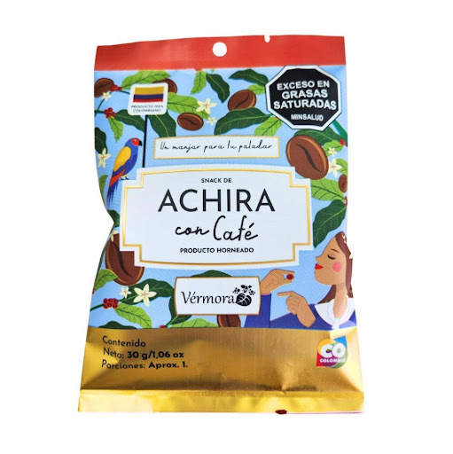 Sixpack Achira De Café  Vérmora 30gr x 6 und Achiras de cafe VÉRMORA es un producto elaborado en harina 100% de sagú, libre de gluten y 100% de origen colombiano. Contiene derivados lácteos y huevo
