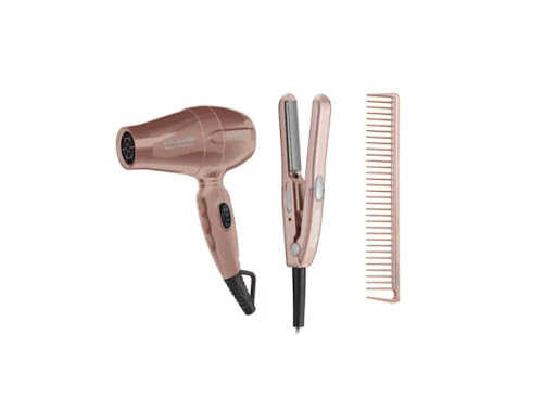 COMBO DE VIAJE PP24 SECADOR Y PLANCHA MINI ROSE GOLD BaBylissPRO Caja x 1 UNA PLANCHA MINI: Placas de nano titanium 3/4″
SECADOR VIAJERO: 1000 watts de potencia