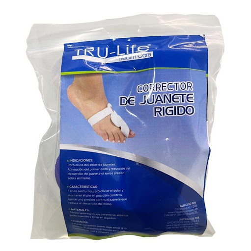 CORRECTOR DE JUANETE RÍGIDO PAR TRULIFE BOLSA x 2 Este dispositivo rígido proporciona el soporte necesario para ayudar a corregir el hallux valgus y mejorar la comodidad.