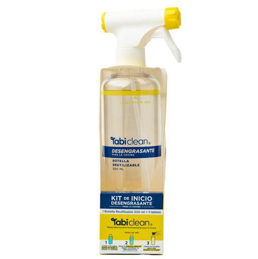 Desengrasante Cocina TABI CLEAN rinde 500ml - Kit Inicio TABI CLEAN COLOMBIA Contiene una botella 500ml + 1 tableta desengrasante x 1 Kit inicio incluye 1 botella reutilizable + 1 tableta efervescente que rinde 500ml. Con poder desinfectante, elimina grasa al instante. Ideal para uso en estufas, mesones, campanas, y más
