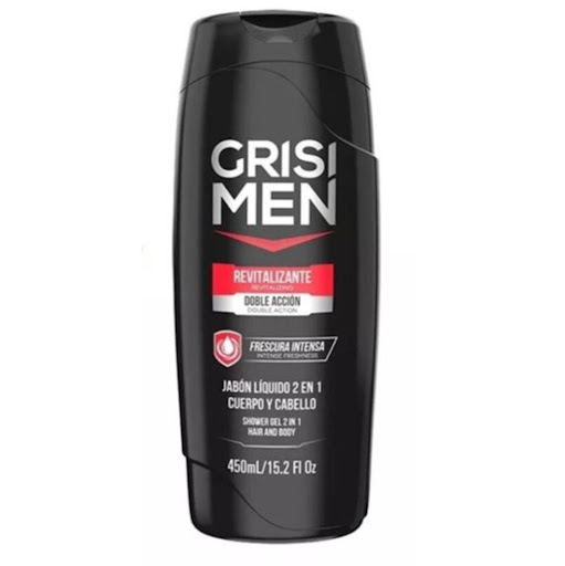 Jabon Liquido Revitalizante  2 en 1 Doble Accion 450ml - Grisi Grisi Frasco x 1 Grisi Men Shower Gel Revitalizante 450ml es un producto multifuncional diseñado para el cuidado integral del hombre. Su fórmula especializada ofrece dos beneficios clave: limpieza de la piel y cuidado