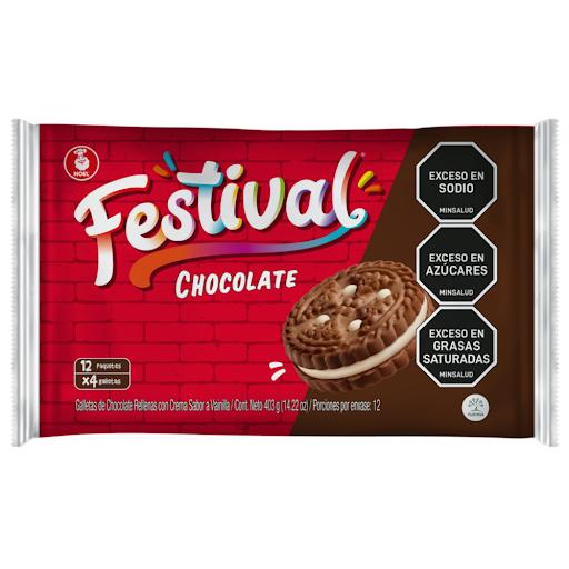 Galletas Festival Sabor Chocolate x 12 unidades x 4 galletas Festival Bolsa x 12 Las galletas Festival, son galletas dulces tipo sándwich reconocidas por su textura crujiente sabor a chocolate  y delicioso relleno cremoso sabor a vainilla,ideales para compartir o comer en cualquie
