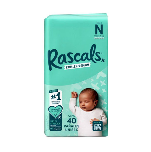 Pañales Rascals RN X 40 UNDS Rascals  Paquete x 40 "¡Pañales Rascals, el pañal con el mejor desempeño! ¡Los padres no somos sabios, serenos y no lo tenemos todo resuelto, pero si sabemos que la vida es lo suficientemente complicada para tener que lidi