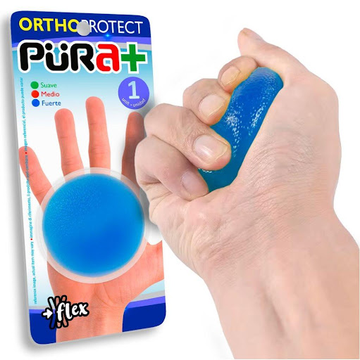 Pelota Confort Resistencia Fuerte Pura+ Empaque individual, pelota azul fuerte resistencia x 1 Pelota confort fuerte resistencia, color azul, diseñado para ejercitar la fuerza, movilidad y flexibilidad de manos, dedos, muñecas y antebrazos. Su textura suave y resistente permite realizar ejercic