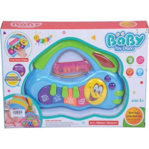Piano Baby Caja Plasticos Asociados Caja x 1 Es un juguete musical diseñado para estimular la percepción auditiva y el interés musical del bebé. Con luces y sonidos suaves, ofrece una experiencia sensorial agradable, favoreciendo la coordinación