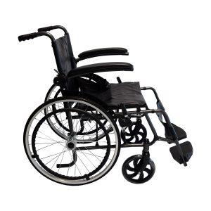 SILLA DE RUEDAS ESTANDAR EN ACERO RIN RADIO LLANTA MACIZA BRAZOS ABATIBLES KBE9119F CM IMPORMEDICAL  x 1 Silla de ruedas estándar KBE9119F, fabricada en acero martillado con estructura plegable color negro grafito. Equipada con llantas delanteras macizas tipo rin estrella y llantas traseras macizas tipo 
