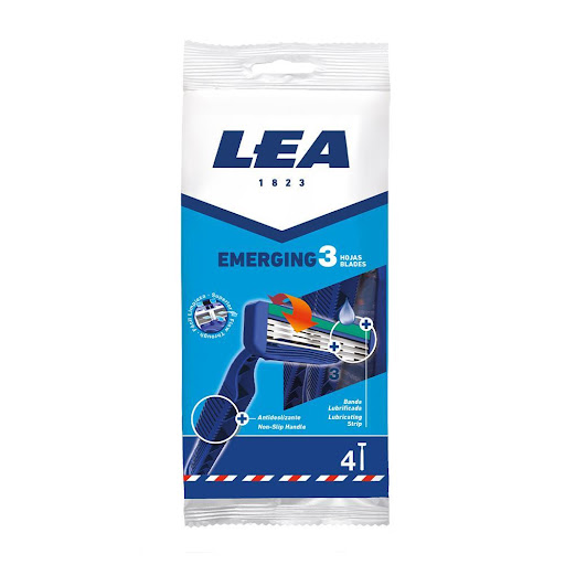 LEA Máquina de Afeitar 3 Hojas Emerging LEA Frasco x 1 Maquinilla triple hoja, con banda lubrificada con Aceite de Argán, Aloe Vera y Vitamina E, cabezal basculante que se adapta al contorno de la cara, para un apurado perfecto y hojas con geometría abier