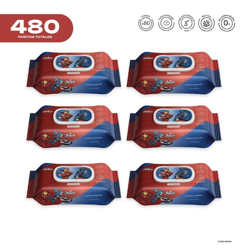 Pack x6 Pañitos Húmedos Marvel Cosmos Avengers CMS COSMOS Flow-Packs x 80 unidades Cada pañito húmedo ofrece una textura resistente pero a la vez delicada, brindando una suavidad similar a la de un cojín. Su fórmula no contiene alcohol y está elaborada a base de agua y extractos de 