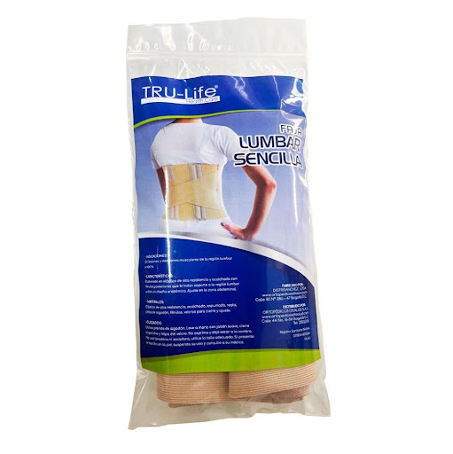 FAJA LUMBOSACRA SENCILLA TALLA M TRULIFE BOLSA x 1 Ayuda en la región lumbosacra, parte baja de la espalda y los músculos abdominales, mejora la estabilidad muscular de la columna lumbar y de la unión toracolumbar, lesiones musculares, desgarres.