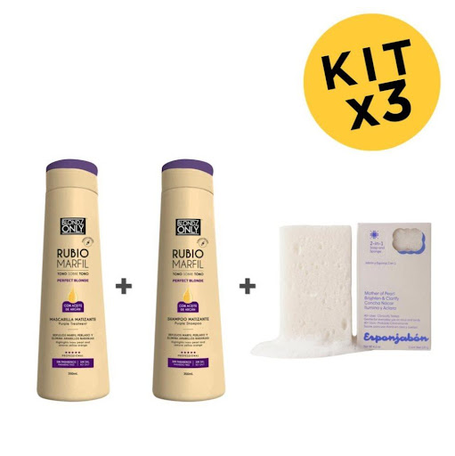 KIT X 3 Blondz Only Rubio Marfil 350 ml (Shampoo 1 und, Mascarilla Matizante 1 und y Esponjabón Concha Nácar 1 und) Esponjabon 350ml x 1 Esponjábon, elaborado con base de glicerina, ofrece un efecto exfoliante mientras limpia, hidrata y suaviza la piel. Es apto para todo tipo de piel, hipoalergénico y aprobado por dermatólogos, ideal p