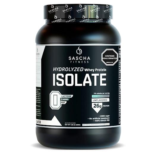 Proteina Isolate Sin Sabor SASCHA FITNESS Tarro x 1 aislado de proteina de suero hidrolizado facil de mezclar, para hombres y mujeres, contiene 25 gr de proteina, 0 gr carbohidratos, 0 grasas, 0 azuca. Puedes usarlo para elaborar tus recetas preferenci