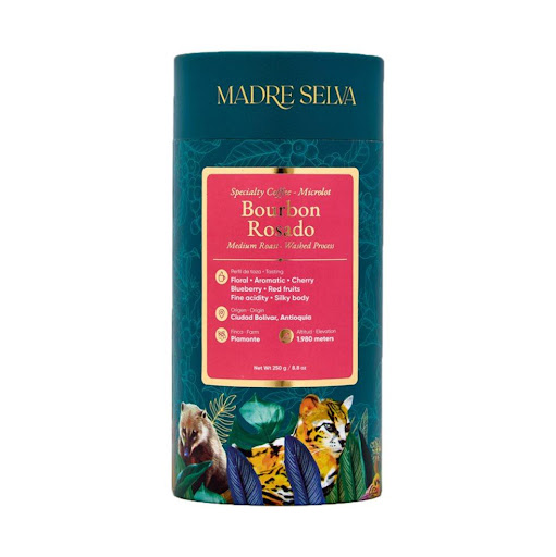 Café Bourbon Rosado, Madre Selva Madre Selva Grano  x 1 Cada taza del Bourbon Rosado Edición Especial ofrece una experiencia sensorial única: aromas florales, notas frutales y un toque delicadamente dulce que refleja lo mejor del café colombiano. Su proces