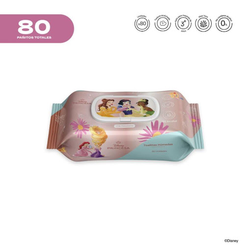 Pañitos Húmedos Disney Cosmos Princesas Niñas CMS COSMOS Flow-Packs x 80 Unidades Cada pañito húmedo ofrece una textura resistente pero a la vez delicada, brindando una suavidad similar a la de un cojín. Su fórmula no contiene alcohol y está elaborada a base de agua y extractos de 