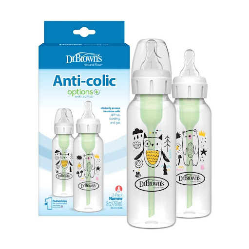Set x2 Teteros Dr Browns Estandar 8oz Buho Oso Dr Browns Botella x 1 Set de 2 teteros Dr. Brown’s Options+ de 8 oz decorados con búho y osito. Sistema anticólicos que reduce gases y regurgitaciones. Flujo natural, aptos para lavavajillas y libres de BPA.