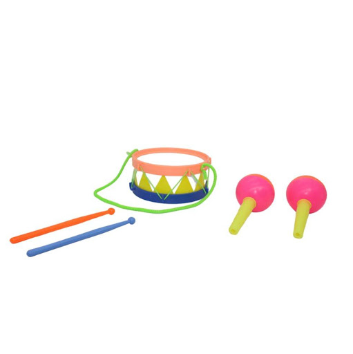 Tambor Y Maracas Bolsa Plasticos Asociados  x 1 Este set de instrumentos de percusión es perfecto para que los niños descubran la magia de hacer música mientras juegan. Al tocar el tambor y las maracas, los pequeños exploran el ritmo y los sonidos,