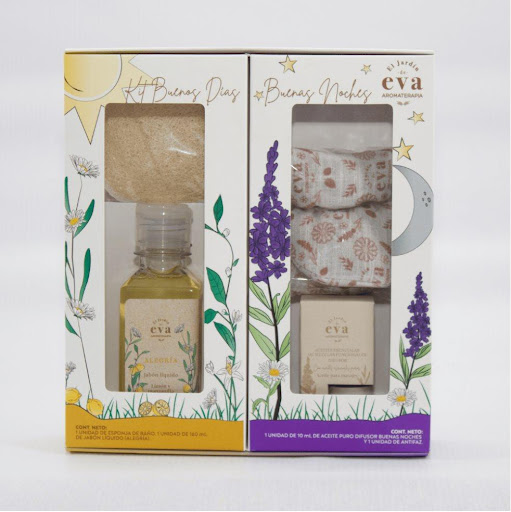 Kit Buenos Días-Buenas Noches x 170 ml x 4 und (jabón, esponja, antifaz y aceite para difusor)) El Jardín de Eva Kit x 4 El Kit Buenos Días–Buenas Noches te acompaña en dos momentos clave: empezar el día con frescura y cerrarlo con calma. Un ritual simple de aromaterapia y autocuidado para equilibrar tu energía desde la