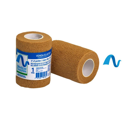 Venda Elastica Cohesiva 3"x4.5 Mts Color Piel Pte x 2  Medical Supplies  Pte x 2  x 2 Venda elástica cohesiva de 3” x 4.5 m color piel, autoadherente y flexible. Brinda soporte y compresión sin necesidad de ganchos, no se adhiere a la piel y es ideal para uso médico, deportivo y veteri