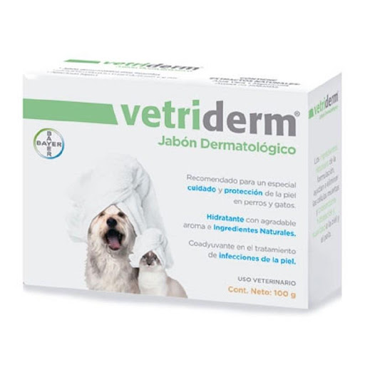 VETRIDERM JABON DERMATOLOGICO 100gr ELANCO  x 1 Jabón para Perros y Gatos VetridermBrinda un cuidado especial para la piel de perros y gatos de todas las razas. Su fórmula hidratante con ingredientes naturales como alantoína, aloe vera y manzanilla