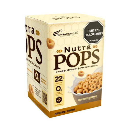 Cereal Proteico NUTRA POPS Miel 1 lb Caja X 2 Und 495 g NUTRAMERICANPHARMA Caja x Caja X 2 Und 1 lb 495 g Nutra Pops es el cereal proteico crujiente elaborado con caseína, diseñado para apoyar tus objetivos de nutrición y fitness. Sus ingredientes de alta calidad aportan una textura irresistible y un sabo