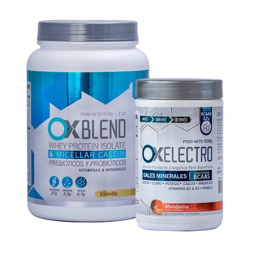 Combo Proteina Hidratante Ox Blend Vainilla +Ox Electro Mandarina Ox Blend + Ox Electro Envase Plástico  x 2 Proteína Ox Blend 
Recuperación rápida y efectiva
27 g de proteína (90 % whey isolate + caseína) + 4,7 g de BCAAs → repara microdesgarros, acelera la regeneración muscular y te prepara para volver a e