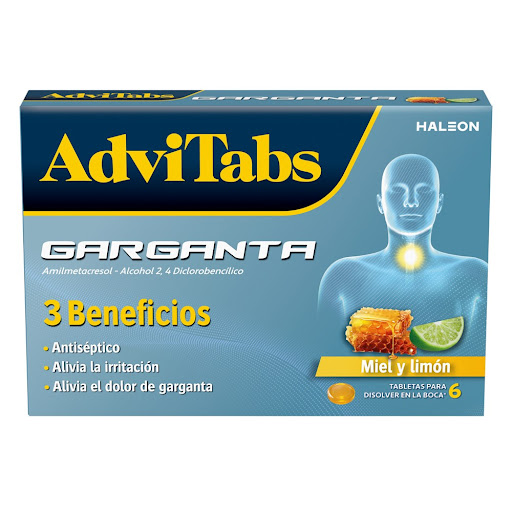 AdviTabs Amilmetacresol/Alcohol 2,4 Diclorobencílico Haleon  Sabor Miel Limón Caja x 6 Tabletas para Disolver