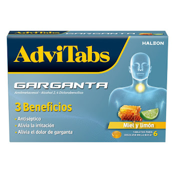AdviTabs Amilmetacresol/Alcohol 2,4 Diclorobencílico Haleon  Sabor Miel Limón Caja x 6 Tabletas para Disolver  