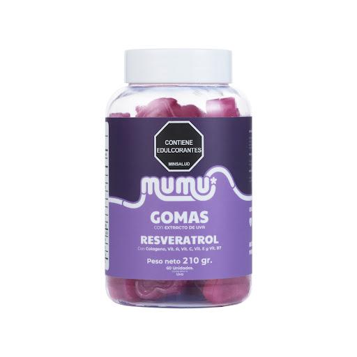 Gomitas Resveratrol 210 gr Mumu Tarro x 210 gr Una forma fácil y deliciosa de darle a tu cuerpo un antioxidante poderoso. El resveratrol es un compuesto natural presente en la uva y otros frutos rojos, conocido por sus beneficios antienvejecimient