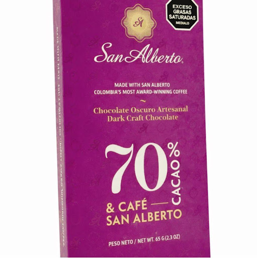 Barra Chocolate 70% cacao 70gr  San Alberto  Caja  x 1 Esta barra de cacao al 70% origen único del Quindío, se funde de manera perfecta con Café San Alberto, el café más premiado de Colombia.Esta fusión trae como resultado un profundo sabor a chocolate os
