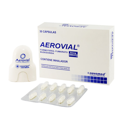 Aerovial Formoterol + Fumarato + Budesonida 6/200mcg Novamed Con Inhalador Caja x 30 Cápsulas