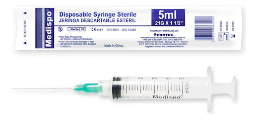 JERINGA DESECHABLE 5 ML 21GX11/2 (PAQ X100) NUART 0 x 100 Jeringa desechable de 5 ml con aguja 21G x 1 ½;, de tres piezas con sistema Luer Lock. Fabricada en polipropileno grado médico, esterilizada con óxido de etileno, libre de pirógenos y no tóxica. Diseñ