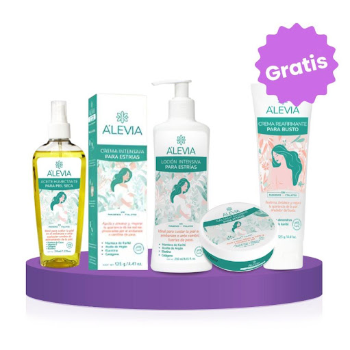 KIT COMPLETO ANTI ESTRIAS EMBARAZO ALEVIA ALEVIA LIT X 4 , GRATIS UNA CREMA ALEVIA REAFIRMANTE PARA BUSTO x 5 undefined