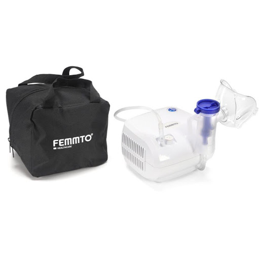 Nebulizador adulto y pediatrico con estuche FEMMTO Caja x 1 Nebulizador compresor a pistón Femmto Con estuche BC68001 para terapia respiratoria en adultos y niños. Incluye kit completo con mascarilla adulto y pediátrica, boquilla, 5 filtros, micronebulizador y
